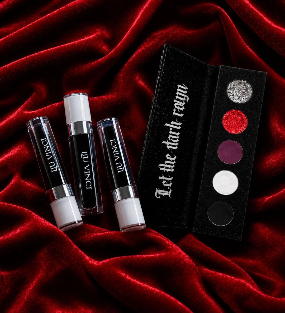 The Last Rites: Where Ravens Rest eyeshadow palette with the Blood Trio lip stains